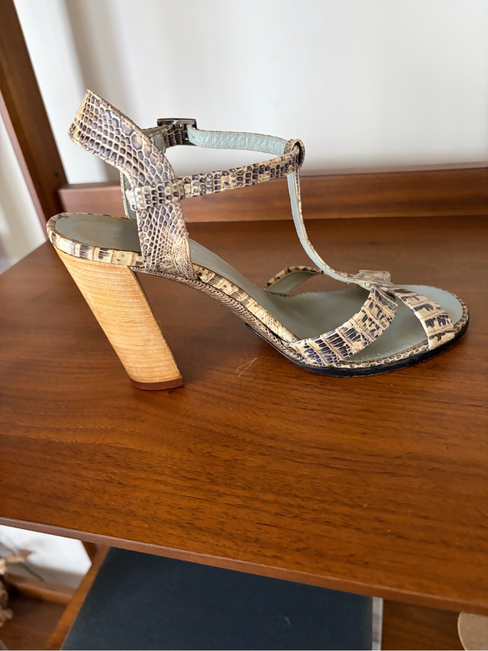 Gucci Beige Snake-Print T-Strap Block Heel Sandal